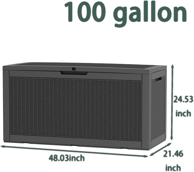 100 Gallon Deck Box, Waterproof Resin Rattan Outdoor Storage Box Lockable for Patio Furniture, Fade Resistant Patio Side Table & Organizer for Garden Tools, Pool Float, Outdoor Cushions, Black