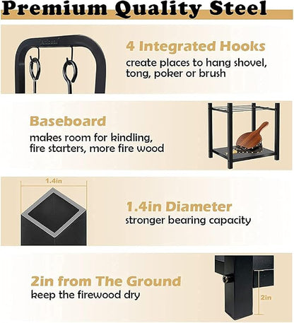 2-Tier Fireplace Firewood Rack Holder for Indoor Outdoor, Small Fire Wood Holder Log Storage Stacker Stand for Patio, Black(Without Wheels)