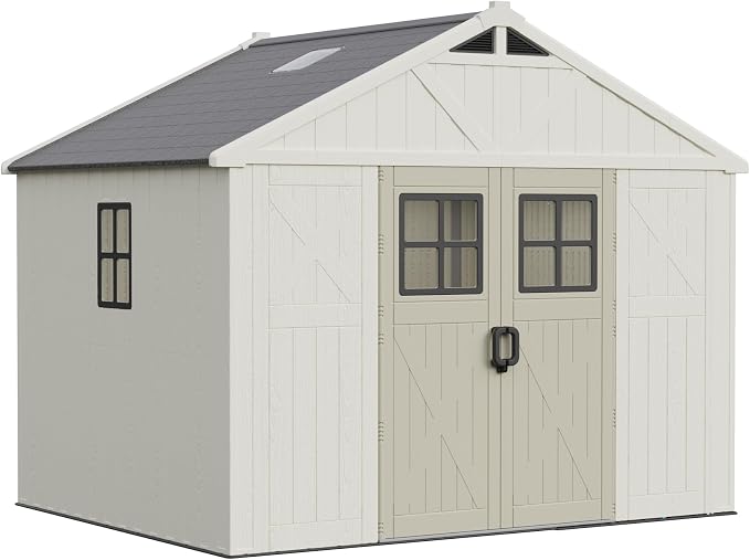 Greesum 10X8FT Plastic Outdoor Storage Shed with Floor and Lockable Door, Resin Sheds with 4-Windows and Multiple Skylights, HDPE Kick-it Shed for Garden, Patio, Backyard, Beige