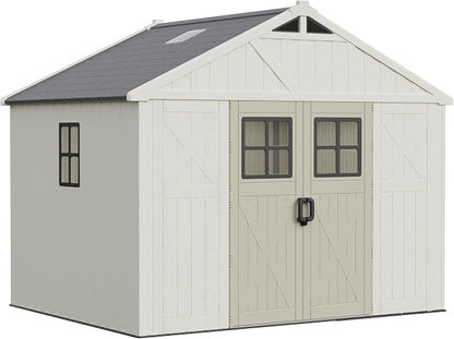 Greesum 10X8FT Plastic Outdoor Storage Shed with Floor and Lockable Door, Resin Sheds with 4-Windows and Multiple Skylights, HDPE Kick-it Shed for Garden, Patio, Backyard, Beige
