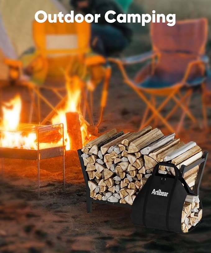 28 Inch Firewood Rack with 900D Canvas Log Carrier Bag, Outdoor Indoor Log Holder for Fireplace, Heavy Duty Fire Wood Log Stand, Wood Pile Stacker Storage Organizer Tool for Patio Deck, Black