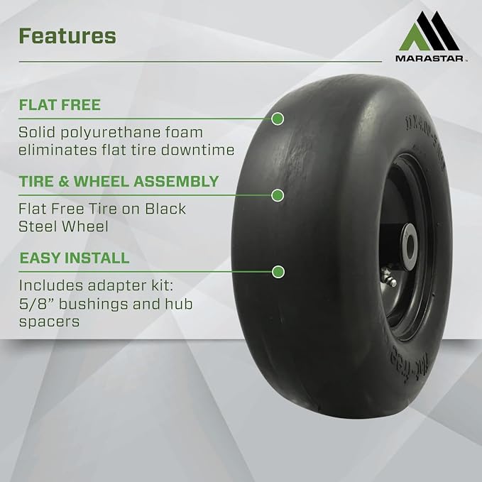 MARASTAR 00232-2PK Universal Fit Flat-Free 11x4.00-5 Tire and Wheel Assembly, Zero Turn Lawn Mower Replacement Tires, Smooth Tread, Adapter Kit included, 2 pack