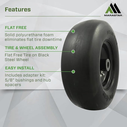 MARASTAR 00232-2PK Universal Fit Flat-Free 11x4.00-5 Tire and Wheel Assembly, Zero Turn Lawn Mower Replacement Tires, Smooth Tread, Adapter Kit included, 2 pack