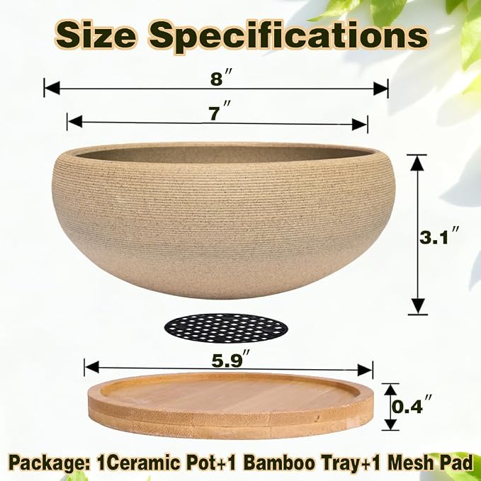 MUZHI 8 inch Round Unglazed Ceramic Bonsai Pot with Bamboo Tray, Shallow Plain Pottery Succulent Planter with Drainage Hole (8”)