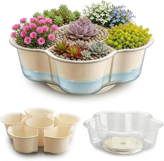 BTPLASTIK 2-Pack 14 inch Rotating Flower Pots with Drainage Holes & Clear Saucer - Plastic Plant Pots Large Succulent Pots for Cactus Herbs Indoor Gardening Gift, 6-in-1 Small Bonsai Nursery Pots