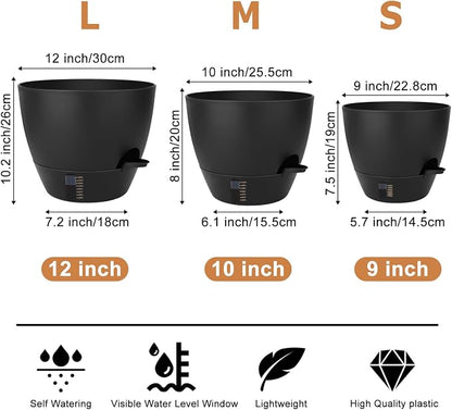 QRRICA 12/10/9 Inch Self-Watering Plant Pots with Water Level Indicator, Drainage Holes & Saucers – Large Plastic Planter Set for Indoor & Outdoor Plants (Pure Black)