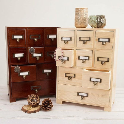 Apothecary Drawers Apothecary Cabinet with Drawers, Natural Wood | 9 Drawer Library Card Catalog, Wooden Storage Box, Wooden Desktop Organizer with Metal Handles-Fulled Assembled