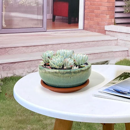 7 Inch Glazed Terracotta Plant Pot Round Ceramic Succulent Planter Pot with Drainage and Mesh Pad Cactus Clay Bonsai Pot (Green)