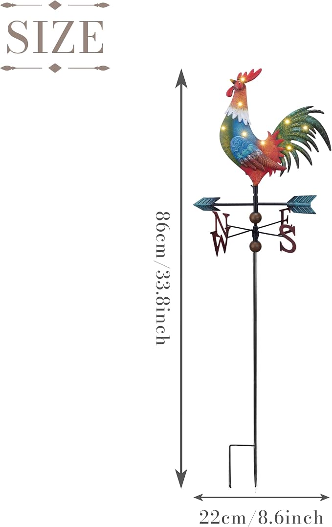 TERESA'S COLLECTIONS Garden Decor with Solar Outdoor Lights, Metal Rooster Weathervane Decorations for Outside, Red Yard Art Sign Decorative Garden Stake for Outdoor Fall Decor Lawn, Gifts for Mom