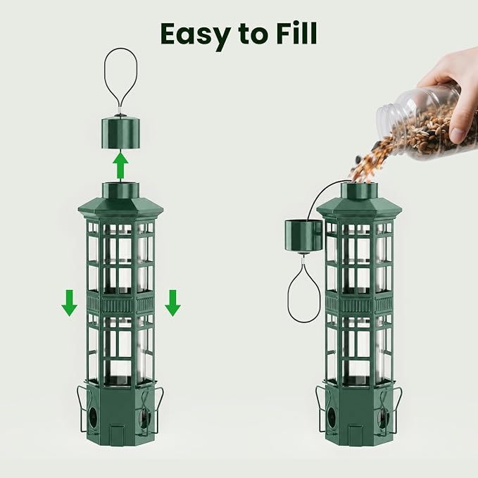 Squirrel Proof Bird Feeder, Chew-Resistant Metal Hanging Bird Feeder for Outdoors Gravity Spring Mechanism, 3 Feeding Ports, 3LB Large Capacity, Weatherproof Design for Wild Birds