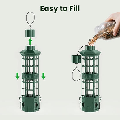Squirrel Proof Bird Feeder, Chew-Resistant Metal Hanging Bird Feeder for Outdoors Gravity Spring Mechanism, 3 Feeding Ports, 3LB Large Capacity, Weatherproof Design for Wild Birds