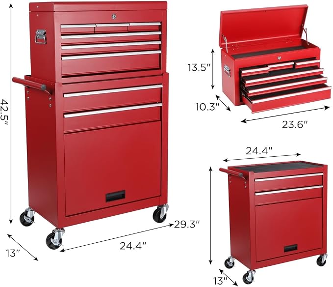 Tool Chest, 8-Drawers Rolling Tool Storage Cabinet with 2-in-1 Detachable Tool Box, Liner, Lockable Wheels, Side Hooks, Multifunctional Metal Tool Cart for Garage Warehouse, Red