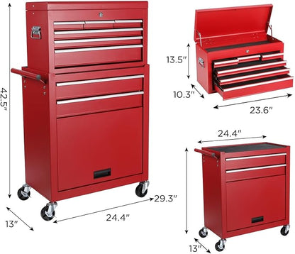 Tool Chest, 8-Drawers Rolling Tool Storage Cabinet with 2-in-1 Detachable Tool Box, Liner, Lockable Wheels, Side Hooks, Multifunctional Metal Tool Cart for Garage Warehouse, Red