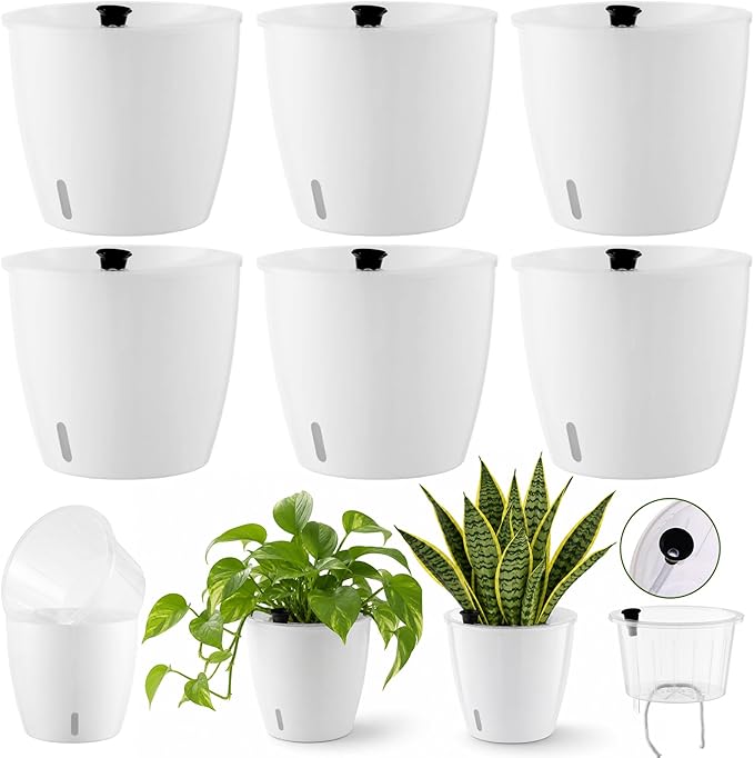 Upgraded Self Watering Pots for Indoor Plants, 6-Pack 6.7 Inch Top-Fill Self Watering Planter with Water Window, Orchid Pots, Clear Wick Inner Basket with Drainage, White