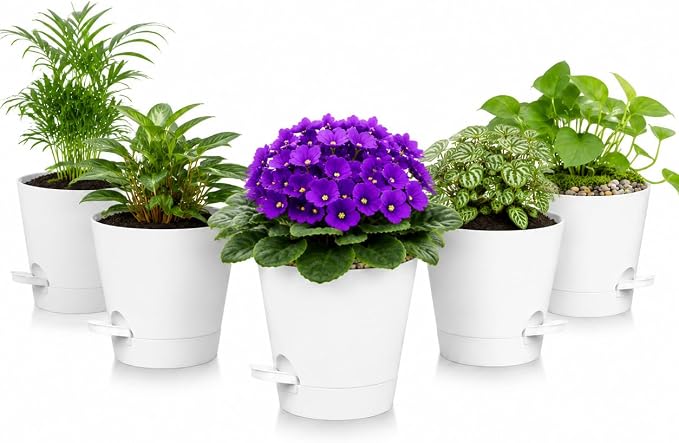 5 Pack 5 Inch African Violet Pots Self Watering, Self-Watering Planters with Drainage Holes & Reservoir, White Plastic Pots for Indoor Outdoor Plants, Succulents & Flowers
