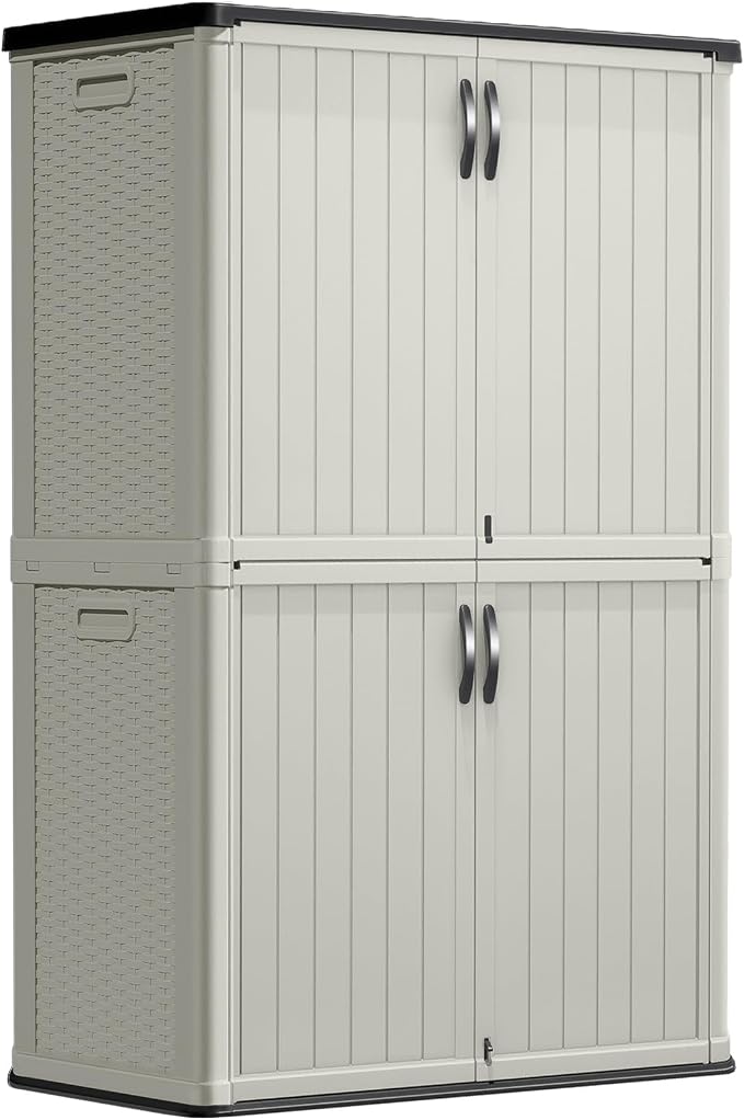 Greesum Outdoor Storage Shed Without Divider, 50 cu.ft Outdoor Waterproof Storage Cabinet for Garden Tools, Garbage Cans, Pool Storage, Beige