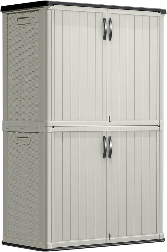 Greesum Outdoor Storage Shed Without Divider, 50 cu.ft Outdoor Waterproof Storage Cabinet for Garden Tools, Garbage Cans, Pool Storage, Beige