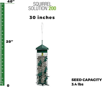 Squirrel Solution200 Squirrel-proof Bird Feeder w/6 Feeding Ports, 3.4-pound Seed Capacity, Free Seed Funnel | Powder-Coated Metal Shroud, Spring-Loaded Weight-Closing, Polycarbonate Tube, Includes Seed Funnel