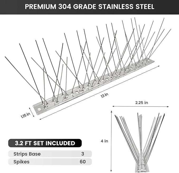 Ley's Stainless Steel Bird Spikes, 3.2 FT (3 Pack), Easy Install Metal Bird Deterrent Spikes Strip, Humane Pigeon & Small Bird Repellent for Roof, Fence, Balcony & Outdoor Protection