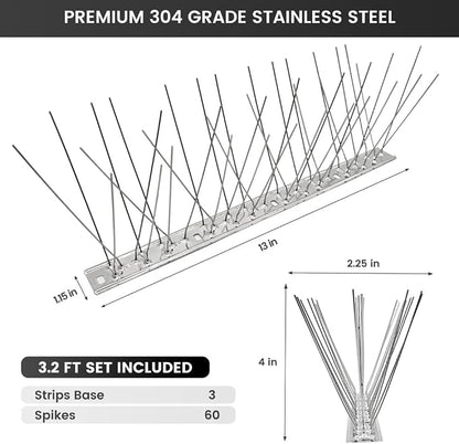 Ley's Stainless Steel Bird Spikes, 3.2 FT (3 Pack), Easy Install Metal Bird Deterrent Spikes Strip, Humane Pigeon & Small Bird Repellent for Roof, Fence, Balcony & Outdoor Protection