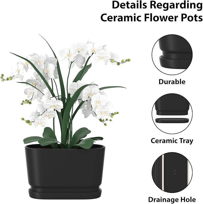 8.9" Rectangular Ceramic Planter with Drainage and Saucer, Black | Indoor Outdoor Use, 8.9"L x 4.5"W x 5.3"H, Modern Home Decor, Window Box Planter, Matte Black