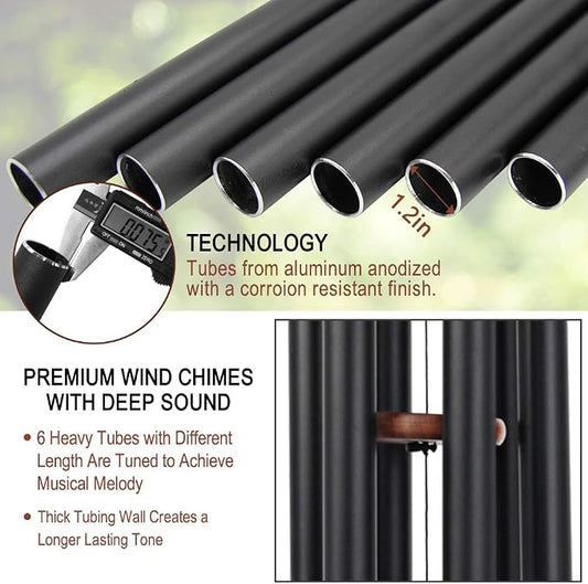 Wind Chimes Outdoor Large Deep Tone, 44 Inches Sympathy Wind Chimes Tuned Soothing Melody, Memorial Wind-Chime with 6 Heavy Tubes for Outside Decoration, Garden/Yard. Black Wind Chime