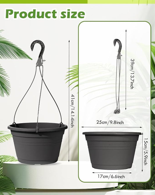 4 Pcs Hanging Planters,10" Hanging Pots Plastic Hanging Flower Plant Basket with Drainage Trays & Chain Holder for Outdoor Indoor Plants Garden Balcony Decoration, Dark Gray