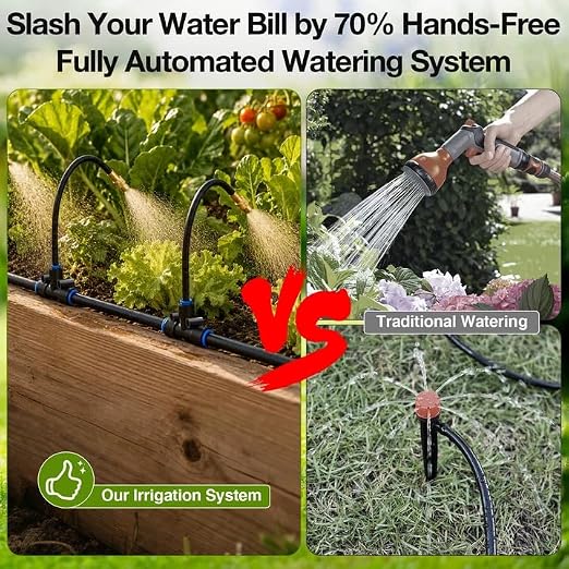 Bluepro Drip Irrigation System 200FT 1/4", 2026-Upgrade Garden Sprinkler Kit with 32PCS 360° Adjustable Copper Nozzles, Automatic Misting Watering System for Raised Beds, Greenhouse, Lawn, Patio, Yard