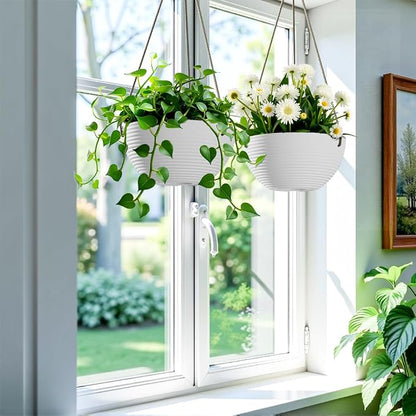 Asnext Line Pattern 10 Inch Hanging Planter for Indoor Outdoor Plants, 2 Pack Round Hanging Pots for Plants (White)