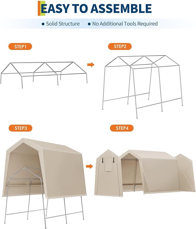 7 x 10 Ft Bike Shed ATV Storage Tent Portable Storage Shed Outdoor Carport Tarp Sheds with Roll-Up Door for Motorcycle, Car, Garden Tools Khaki