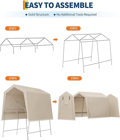 7 x 10 Ft Bike Shed ATV Storage Tent Portable Storage Shed Outdoor Carport Tarp Sheds with Roll-Up Door for Motorcycle, Car, Garden Tools Khaki