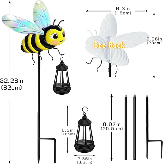 EDOF 32.28in Metal Bee Garden Stakes with Solar Lights Outdoor Decorative | Solar Lights Waterproof Bee Garden Decor for Yard Art Outside Patio Porch Lawn,Birthday Gifts for Women Mom