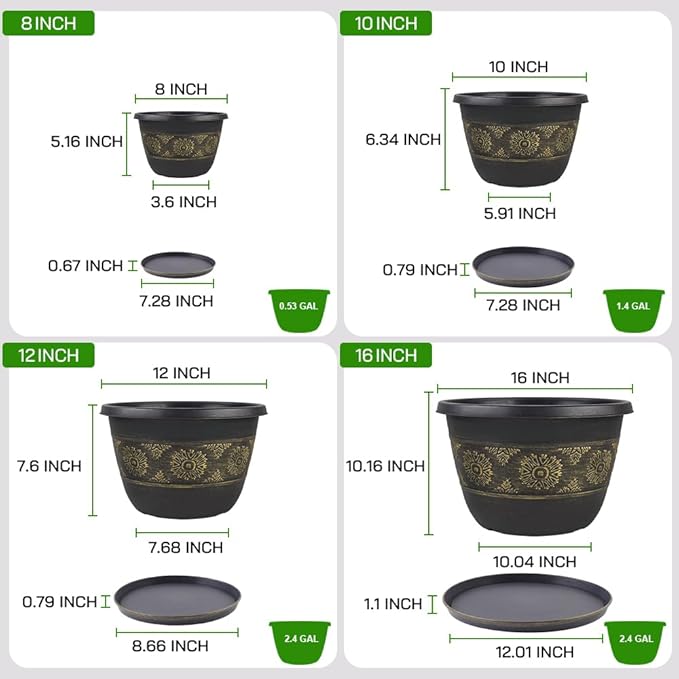 Usocik 10 Inch Retro Plant Pots 4 Pack with Drainage and Saucers Gold | Gold retro PP pots with drainage holes and saucers for herbs flowers succulents indoor patios porches and balconies