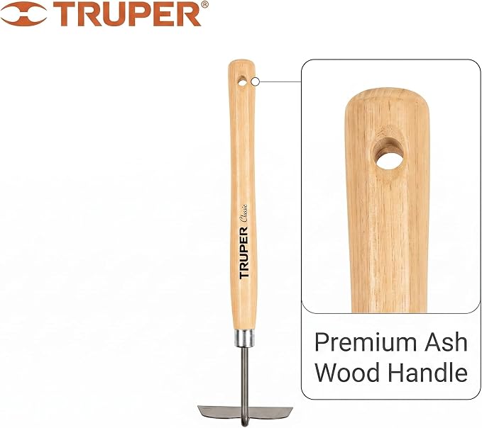 Truper Floral Garden Hand Hoe and Cultivator, 15-Inch Premium Ash Wood Handle, Heavy-Duty Carbon Steel Head Weeding and Planting Tool (Model 30663 / GTL-HO)