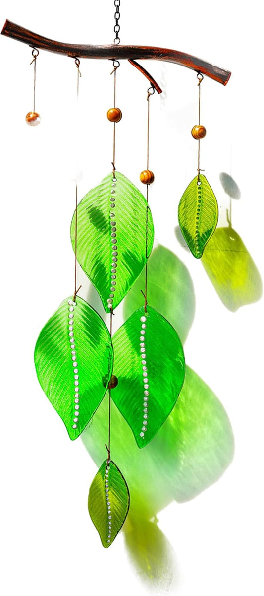 YU FENG 20 Inch Green Stained Glass Wind Chimes with Leaves Outdoor Decor | Handmade Glass Wind Chime, Leaf Forest Ornament, Rainbow Light Effect, Garden Yard Window Hanging Decoration