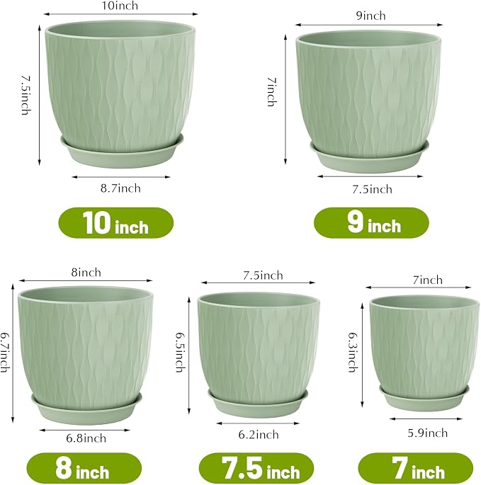 Plastic Plant Pots 10/9/8/7.5/7 inch Set of 5, Flower Planters with Drainage Holes and Saucers, Plastic Pots for Indoor Outdoor Plants, Livingroom Garden Decor (Green)