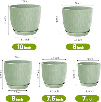 Plastic Plant Pots 10/9/8/7.5/7 inch Set of 5, Flower Planters with Drainage Holes and Saucers, Plastic Pots for Indoor Outdoor Plants, Livingroom Garden Decor (Green)