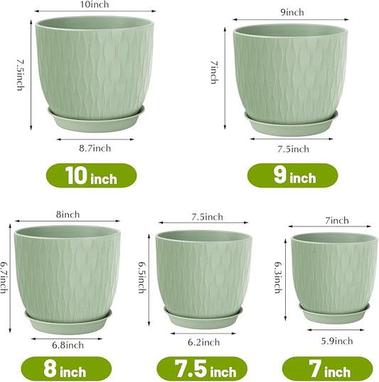 Plastic Plant Pots 10/9/8/7.5/7 inch Set of 5, Flower Planters with Drainage Holes and Saucers, Plastic Pots for Indoor Outdoor Plants, Livingroom Garden Decor (Green)