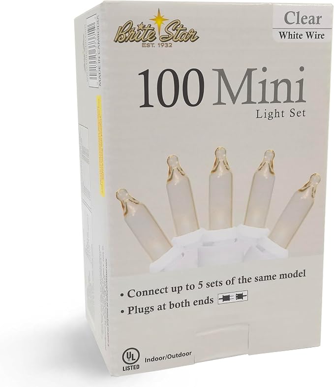 Brite Star 100 Count Mini String Christmas Lights, Clear - 22 feet Indoor/Outdoor Christmas Tree Lights with White Wire