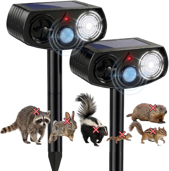 AWISH Solar Ultrasonic Animal Repeller Outdoor, Motion Sensor, 2 Pack | 40 ft Detection Range, LED Strobe, IP65 Waterproof, Deer, Rabbit, Squirrel, Raccoon, Yards, Gardens, Farms