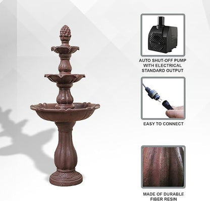 XBrand 3-Tier Water Fountain w/Pump & Pineapple Top, 51 Inch Tall, Brown, Large Outdoor Freestanding Waterfall Decor for Porch, Lawn and Garden