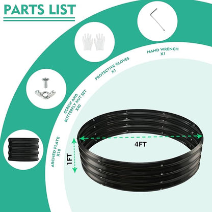 12 Inch Tall 48 Inch Diameter Round Black Raised Garden Bed Kits Outdoor | 1 FT Tall,4 FT Planter Bed for Flowers,Herbs,Vegetables,Trees,0.8MM Thick Galvanized Metal Painted,with Gloves,Tool free
