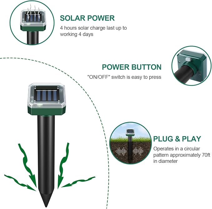 8 Pack Solar Powered Mole Repellent, Ultrasonic Outdoor Pest Repeller for Lawns & Gardens - Waterproof, Chipmunk, Vole, Gopher, Groundhog, Snake Deterrent (Dark Green)