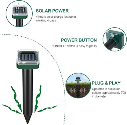 8 Pack Solar Powered Mole Repellent, Ultrasonic Outdoor Pest Repeller for Lawns & Gardens - Waterproof, Chipmunk, Vole, Gopher, Groundhog, Snake Deterrent (Dark Green)