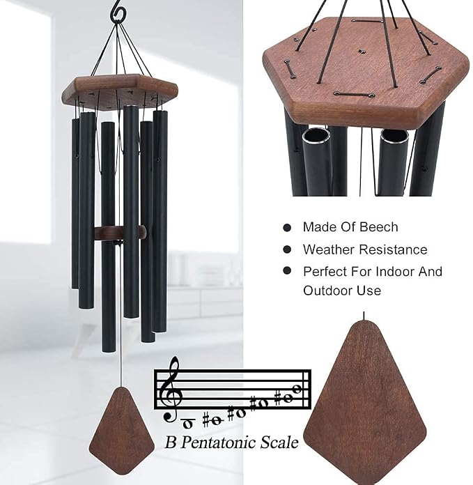 Wind Chimes for Outside, 30" Black Aluminium Wind Chime with Wind Catcher, Outdoor Garden Patio Decoration Windchimes, Classic Zen Gift for Men and Women