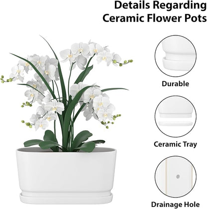 13" Rectangular Ceramic Planter with Drainage and Saucer, White | Indoor Outdoor Use, 13"L x 5.5"W x 6.3"H, Modern Home Decor, Window Box Planter, Matte White