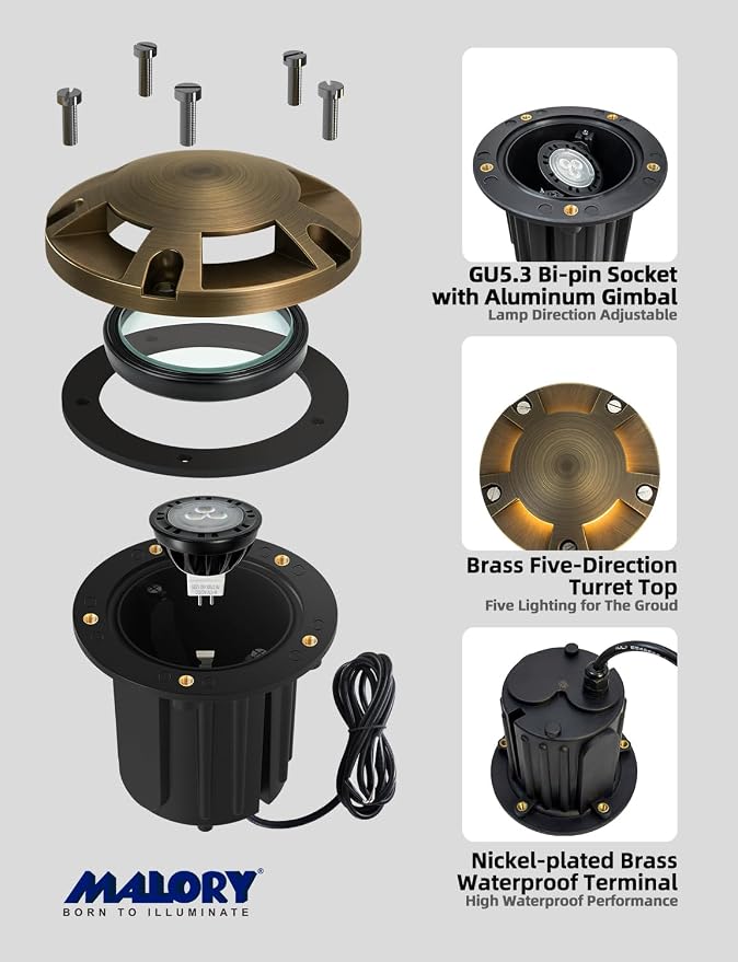 MALORY Brass Top Cover Landscape Well Lights, 12V Low Voltage Outdoor In Ground Lights,Landscape Lighting for Pathway, Driveway, Garden (Five-Direction Turret, 10-Pack with Bulb)