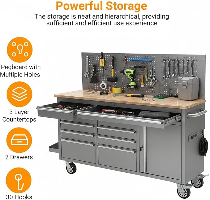 Heavy-Duty 10-Drawer Rolling Tool Cabinet & 61" Garage Workbench with Solid Wood Top, Power Strip, USB, 1675 lb Load, Ball-Bearing Slides, Locking Wheels, Mobile Tool Organizer in Silver