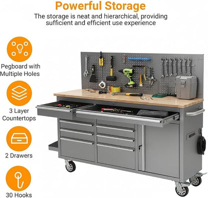 Heavy-Duty 10-Drawer Rolling Tool Cabinet & 61" Garage Workbench with Solid Wood Top, Power Strip, USB, 1675 lb Load, Ball-Bearing Slides, Locking Wheels, Mobile Tool Organizer in Silver