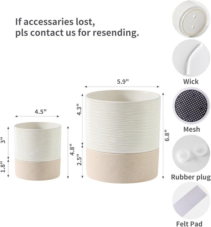 Nihow Ceramic Self Watering Plant Pot for Indoor Plants, 4.5+6 Inch | Planter with Cotton Wick, Drainage Hole & Water Storage Plus, Cylinder Round Flower Pot, For Succulent/Herbs/Violets